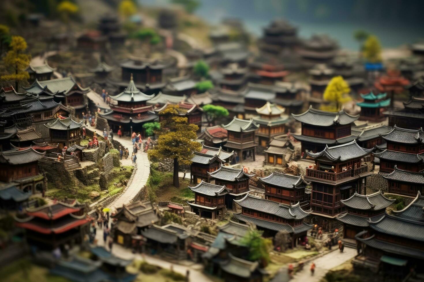 AI generated Miniature of a traditional Chinese village. Miniature of a miniature Chinese village, AI Generated photo