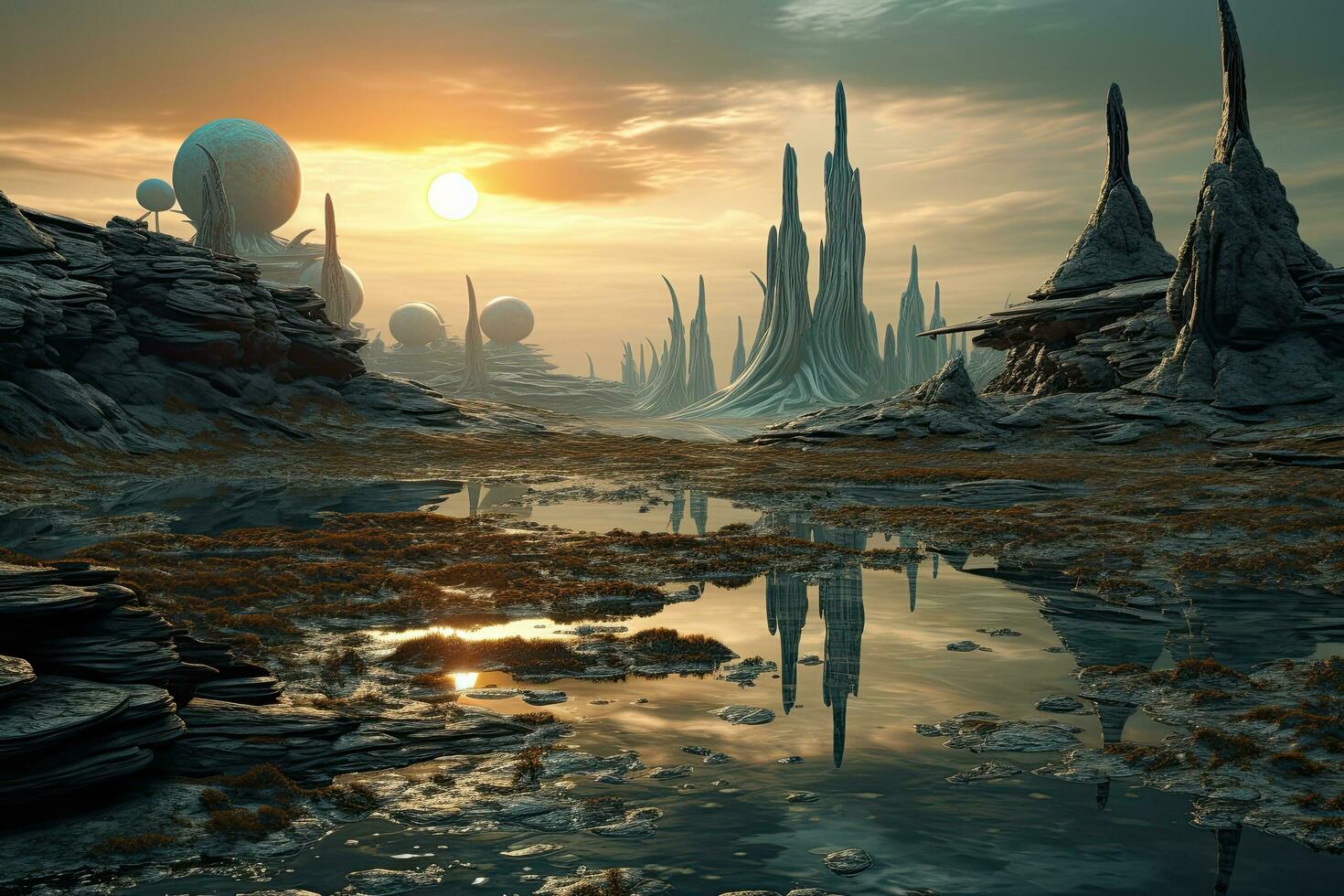 AI generated Fantasy alien planet. 3D illustration. 3D CG. High resolution, AI Generated photo