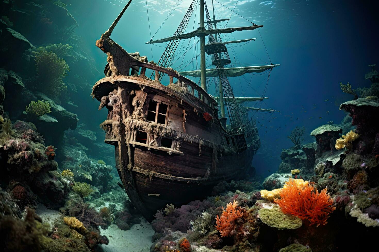 AI generated Sunken pirate ship on the coral reef in the Red Sea, AI Generated photo