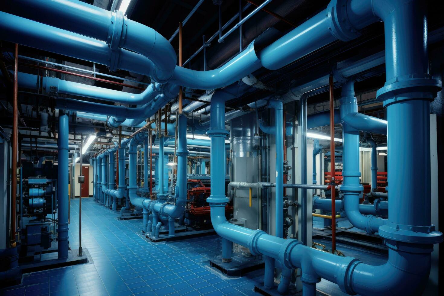 AI generated Industrial zone, Steel pipelines and cables in blue tones at a power plant, building piping systems, AI Generated photo