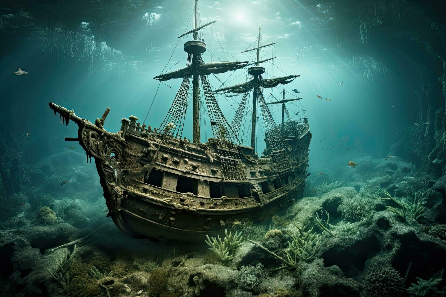 AI generated Sunken pirate ship in the deep sea. 3d rendering, AI Generated photo