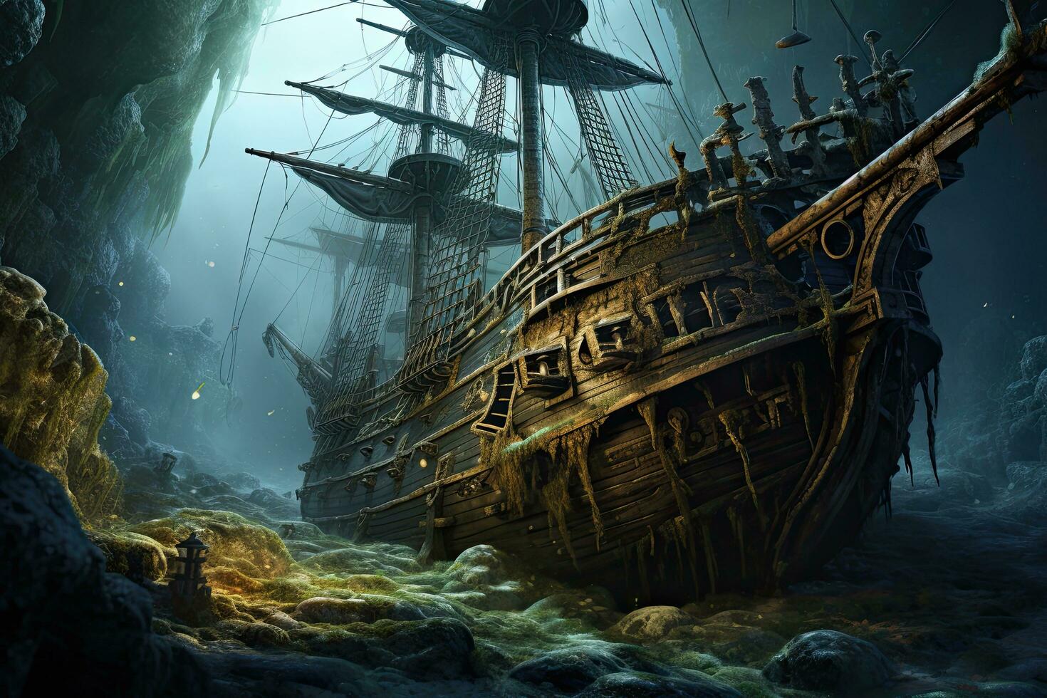 AI generated Beautiful underwater world with old ship. 3d render illustration, AI Generated photo
