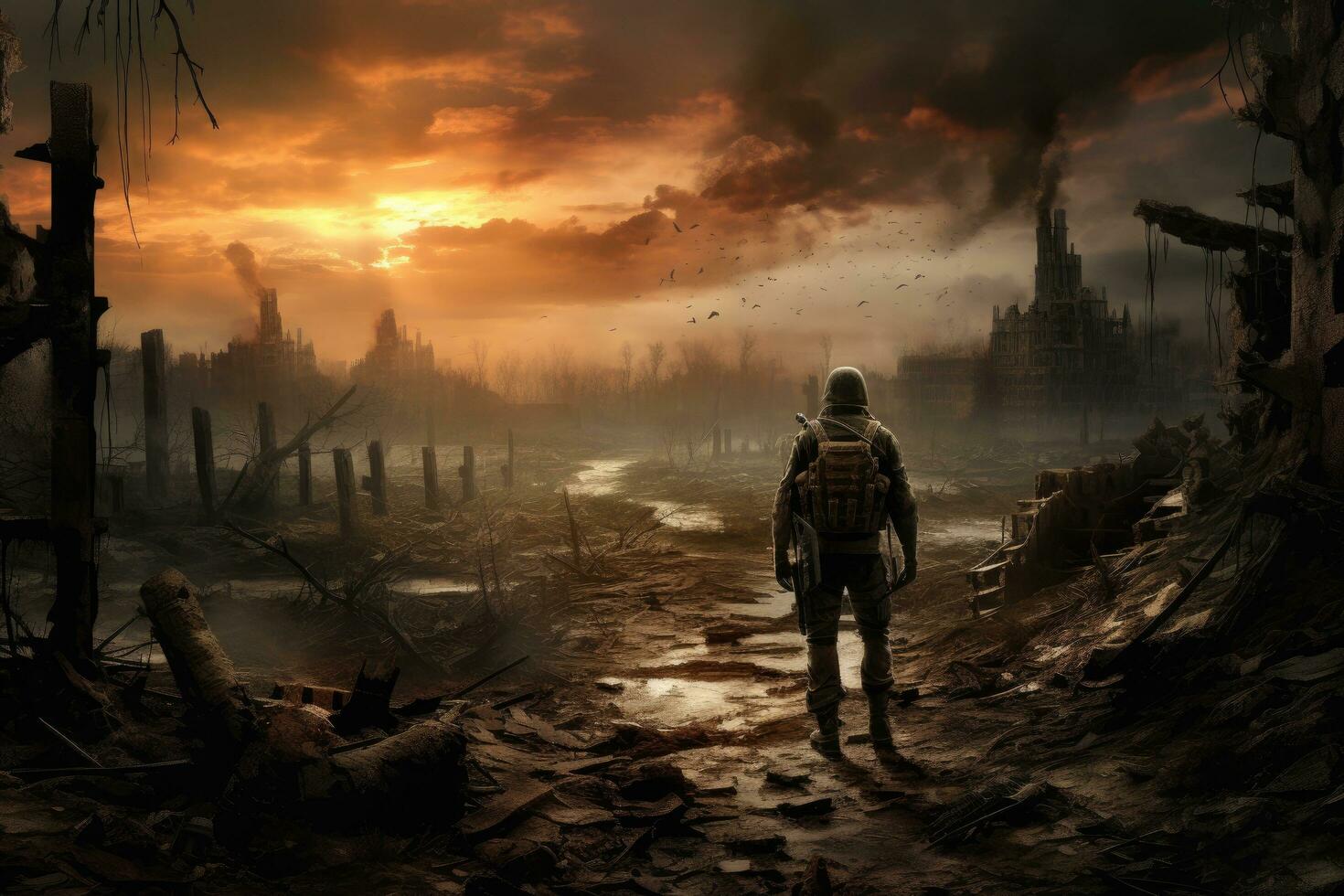 AI generated Silhouette of a man in a gas mask against the background of a destroyed city, AI Generated photo