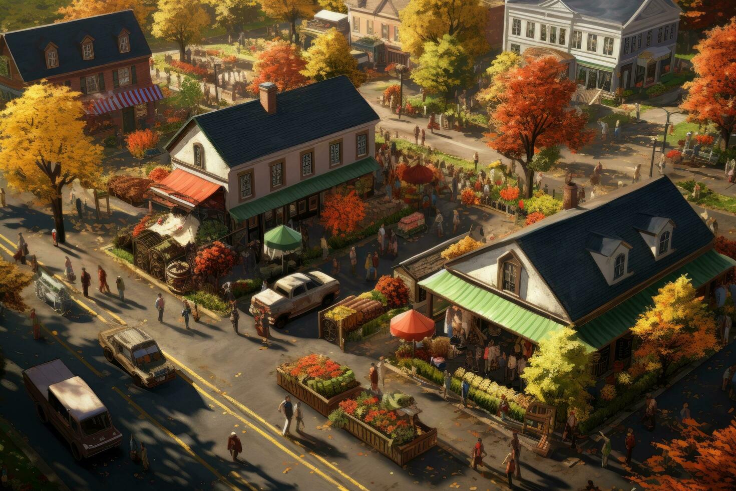 AI generated Autumn scene with people walking in the park. 3d rendering, Bird's eye view of a busy farmers market in a small town, AI Generated photo