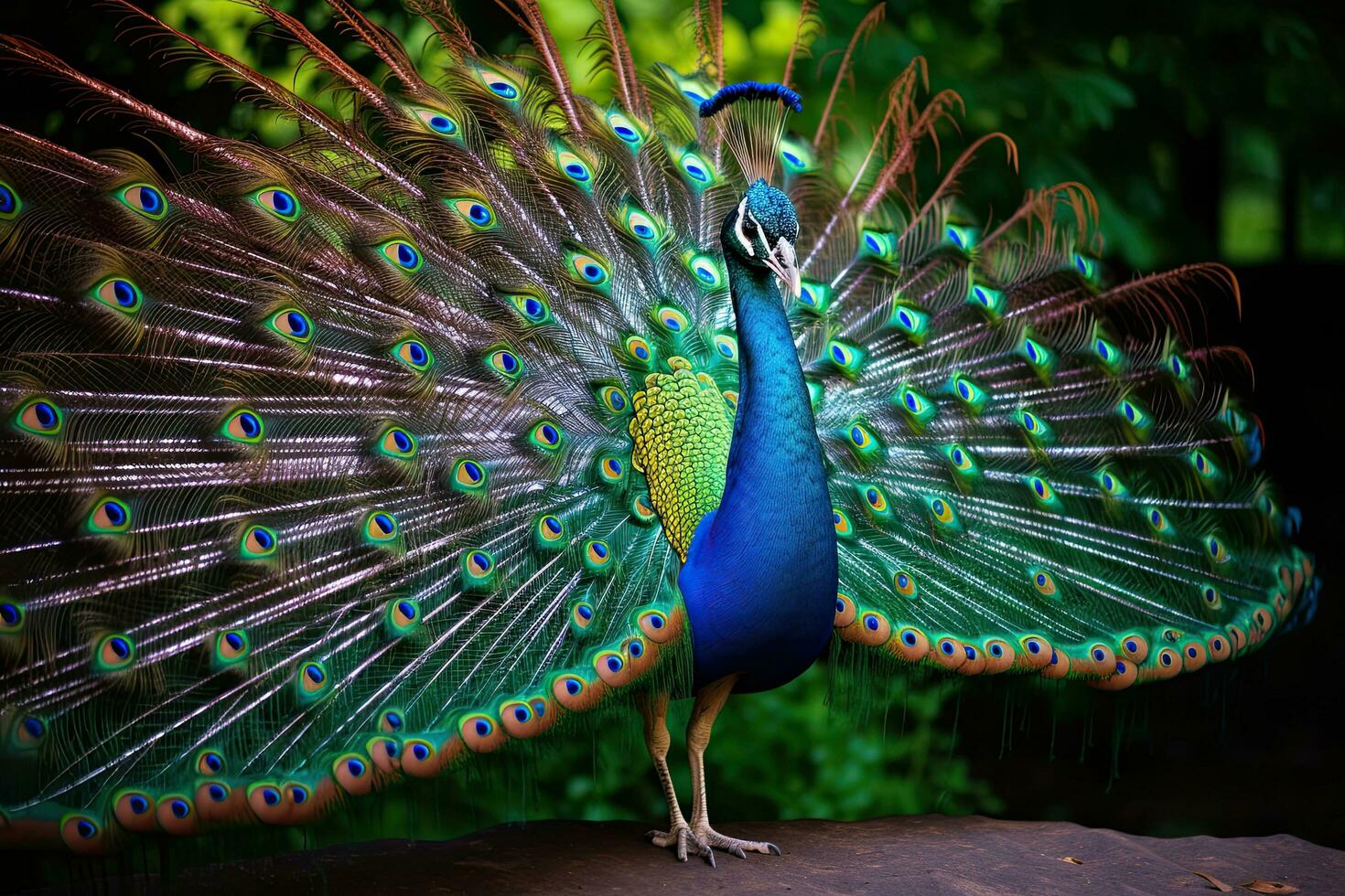 AI generated Beautiful peacock in the park at Bang Pu beach, Thailand, AI Generated photo