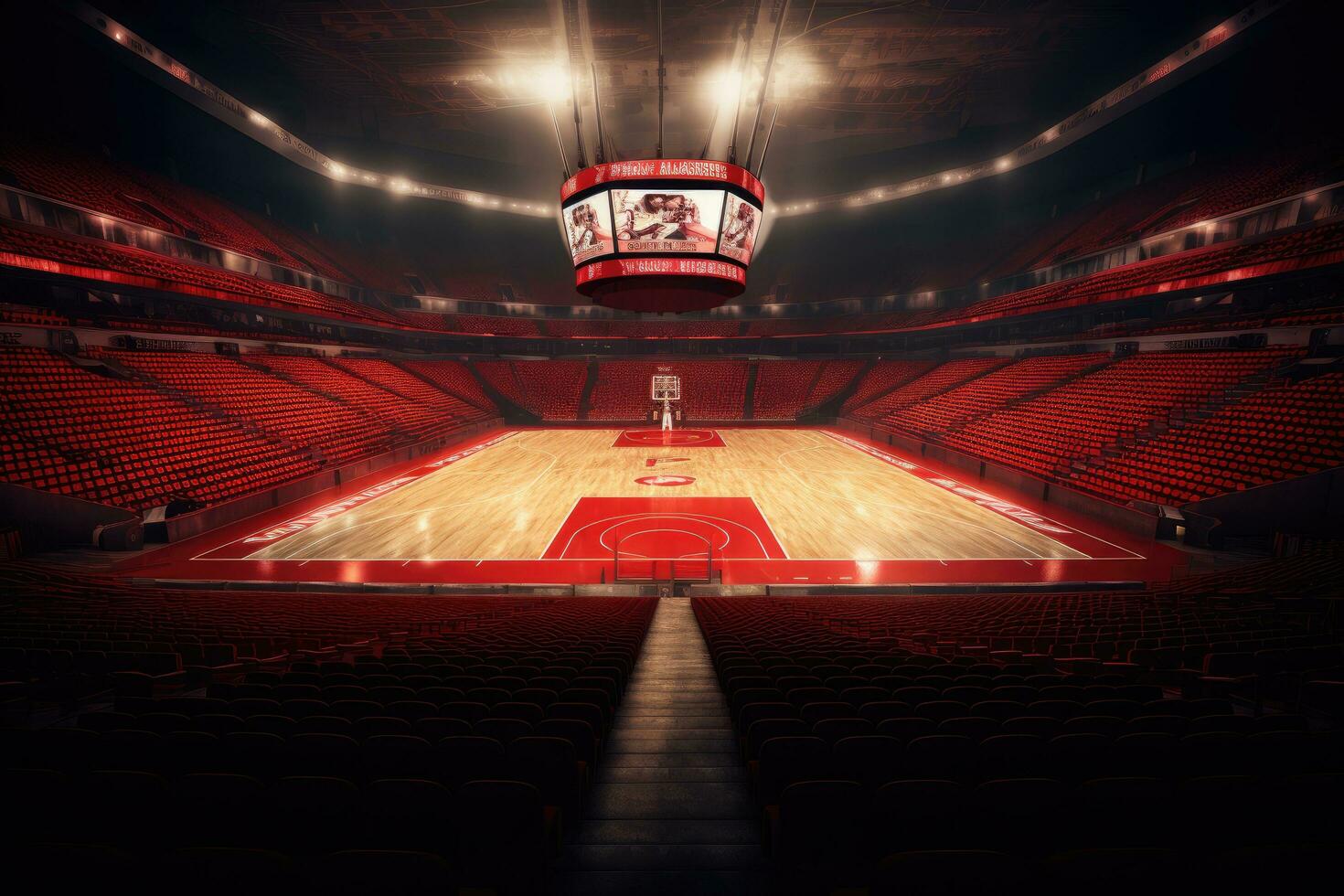 AI generated 3D render of a sports arena with floodlights and red seats, AI Generated photo