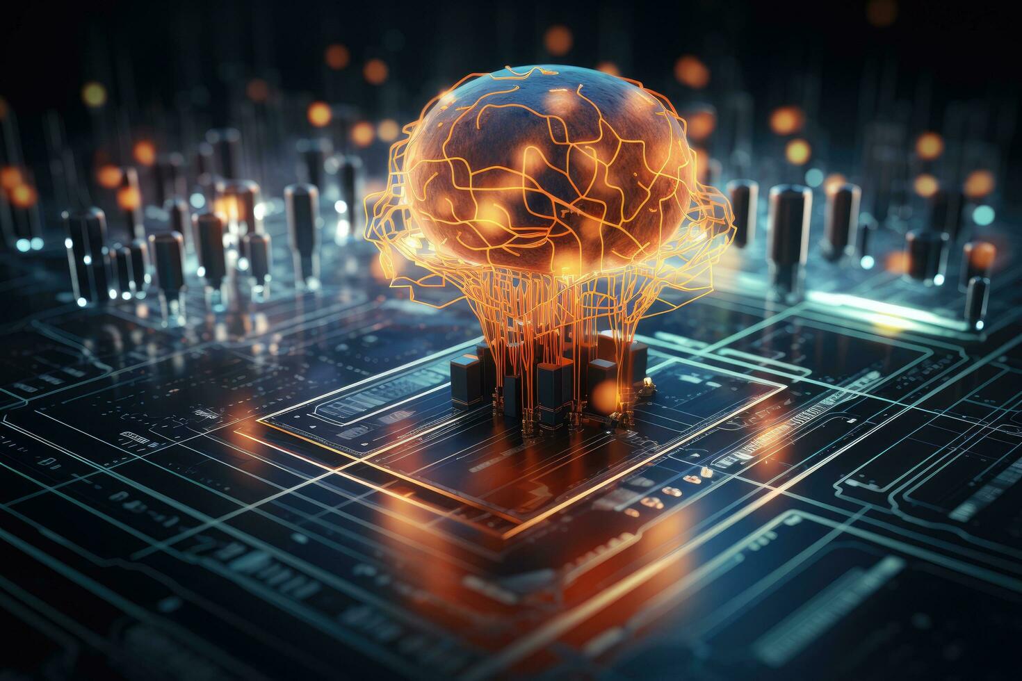 AI generated 3D rendering of a human brain on a computer circuit board background, AI Generated photo