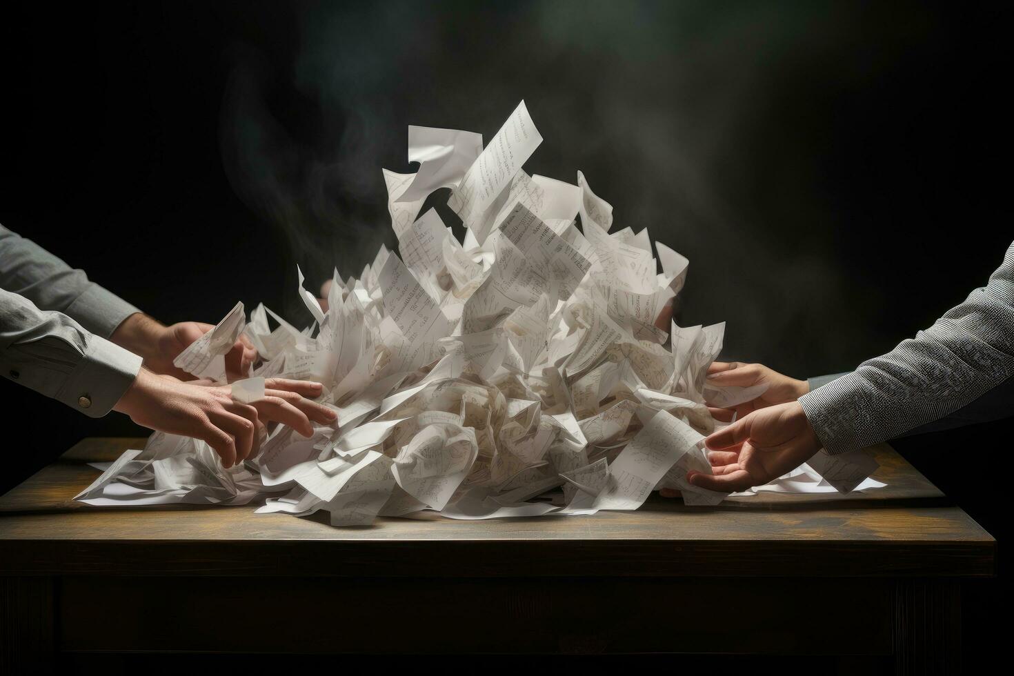 AI generated Close-up image of human hands crumpling paper documents on table, AI Generated photo