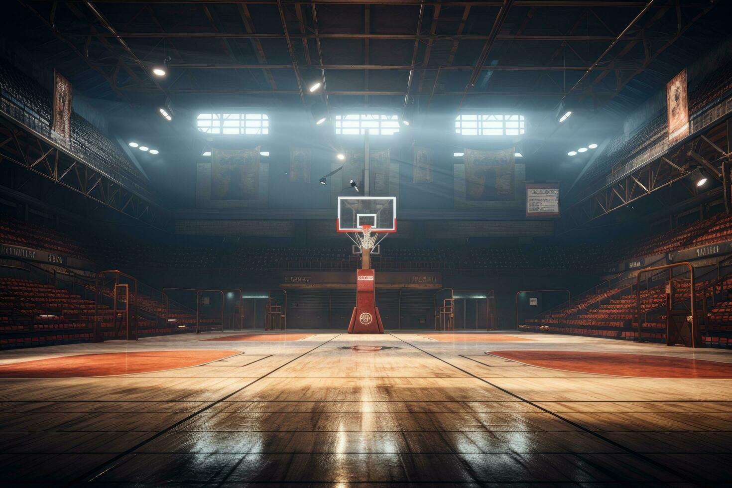 AI generated Empty basketball court with lights and wood floor. 3D Rendering, AI Generated photo