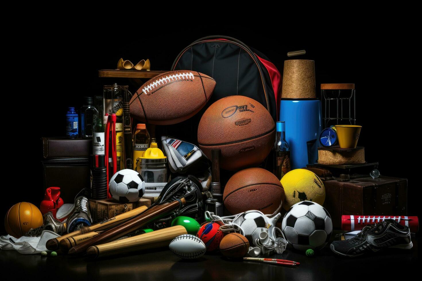 AI generated Sports equipment on a wooden table. Sports concept. Black background, AI Generated photo