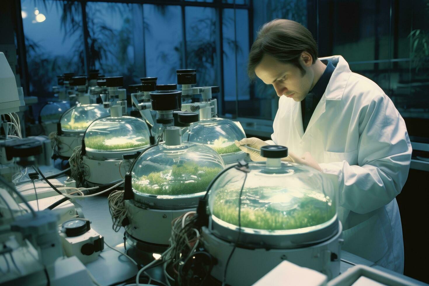 ai generado científico en blanco Saco analizando plantas en petri plato en laboratorio, biólogo trabajando en un profesional FIV laboratorio, ai generado foto