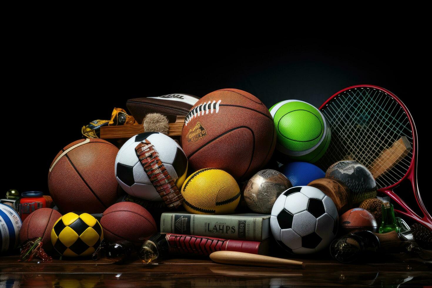 AI generated Sports equipment on a black background. Sports equipment. Sports equipment, AI Generated photo