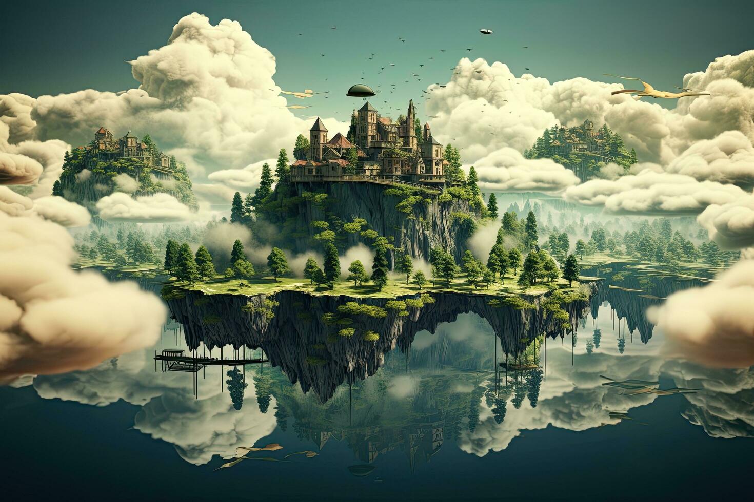 AI generated Fantasy landscape with castle on the island. 3D illustration, AI Generated photo