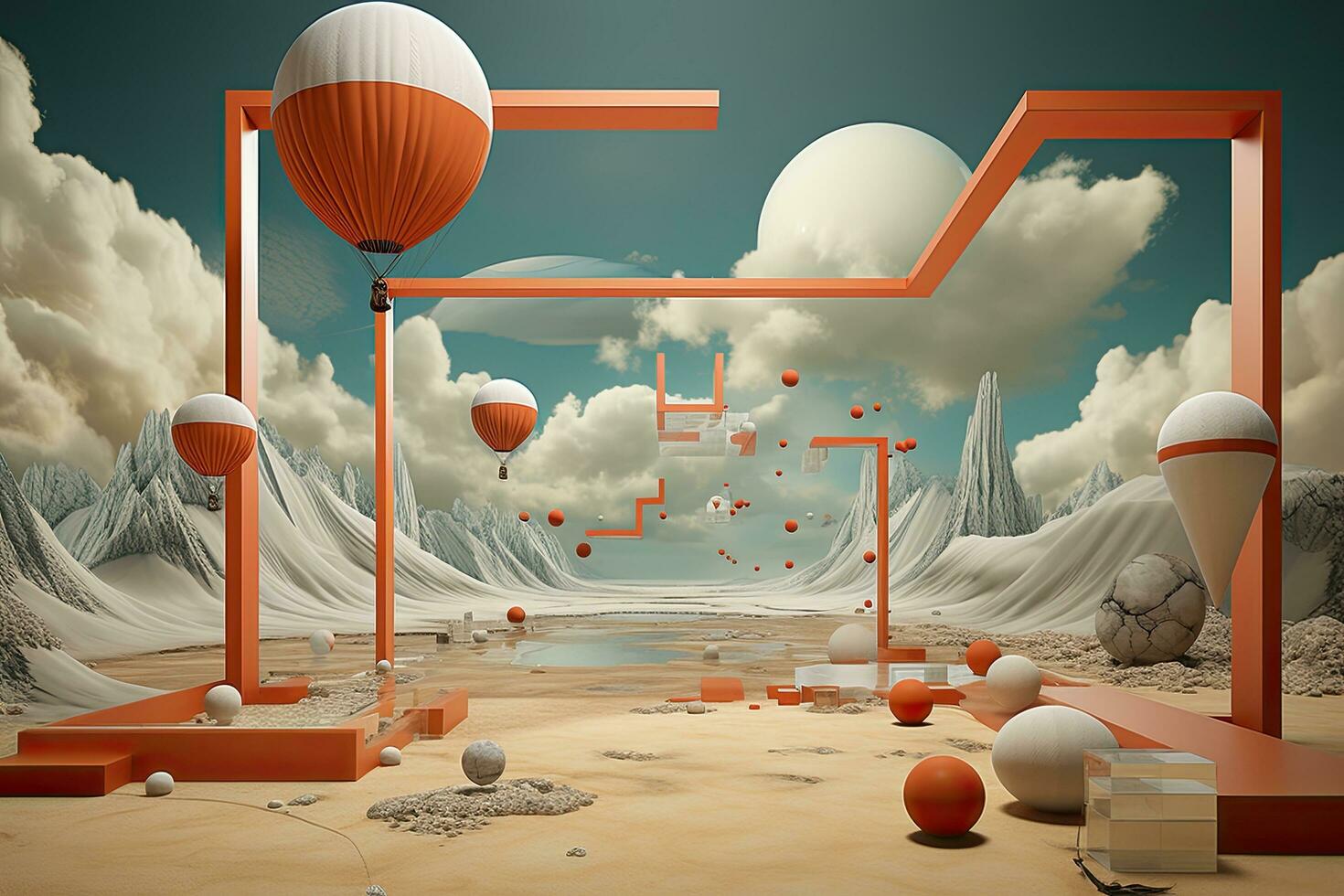 AI generated 3d rendering of an abstract landscape with hot air balloons in the sky, AI Generated photo