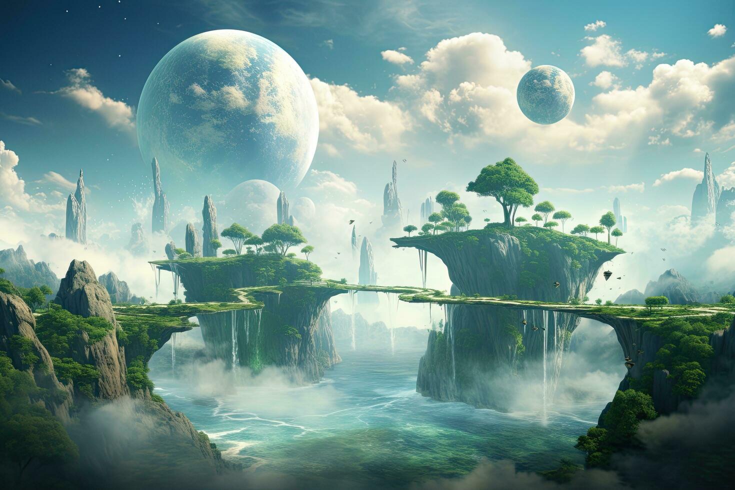 AI generated Fantasy landscape with planet. 3d illustration. Elements of this image furnished by NASA, AI Generated photo