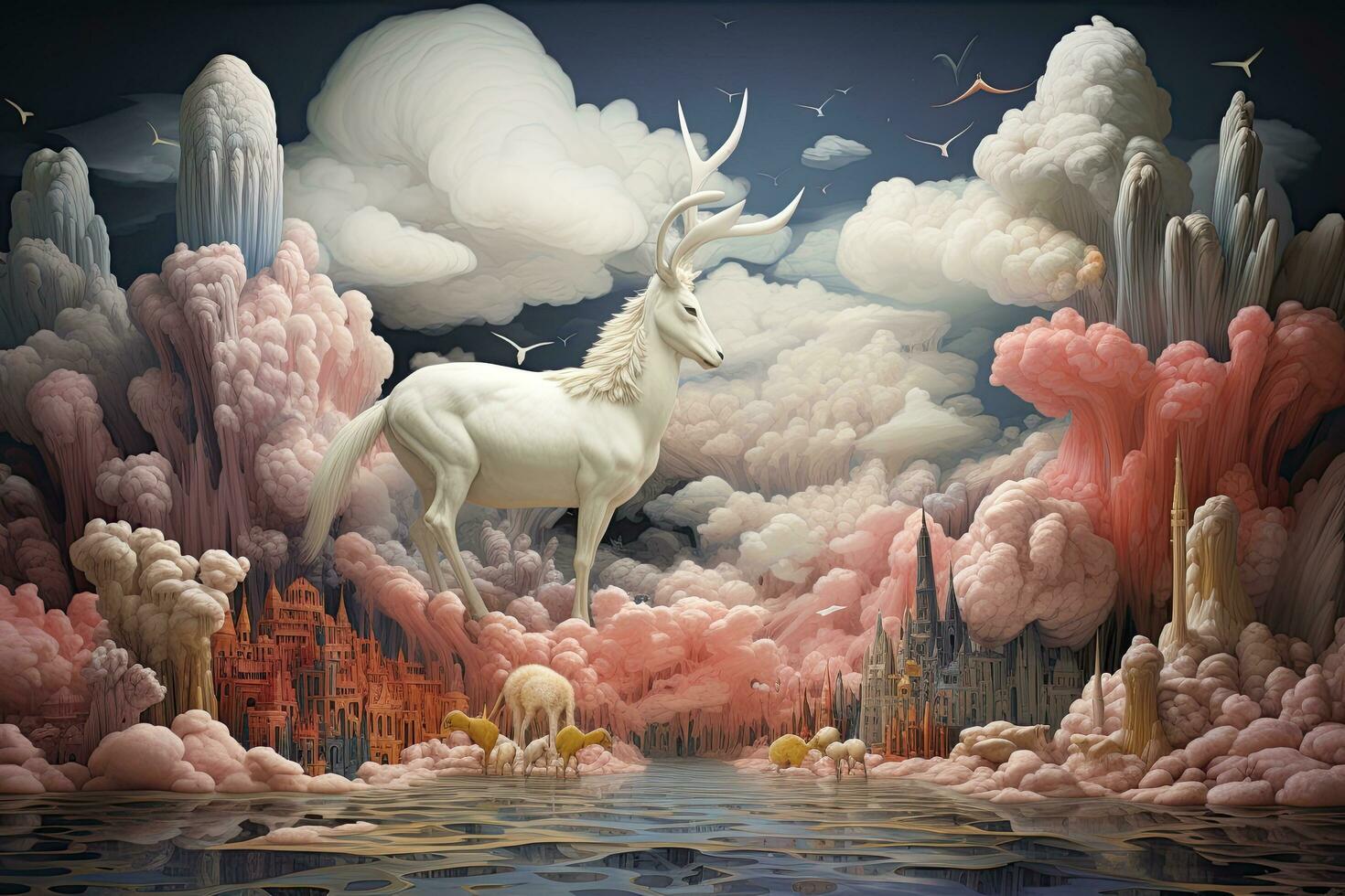 AI generated Fantasy landscape with a white deer in the middle of the ocean, AI Generated photo