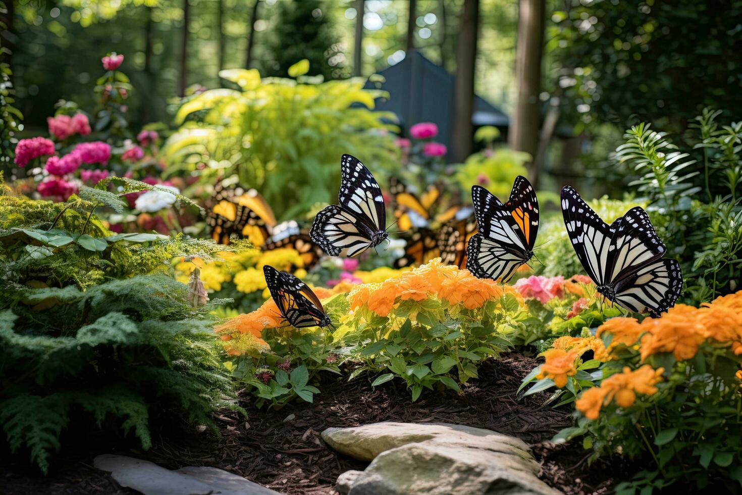AI generated Butterflies on flower bed in the garden. Selective focus, AI Generated photo