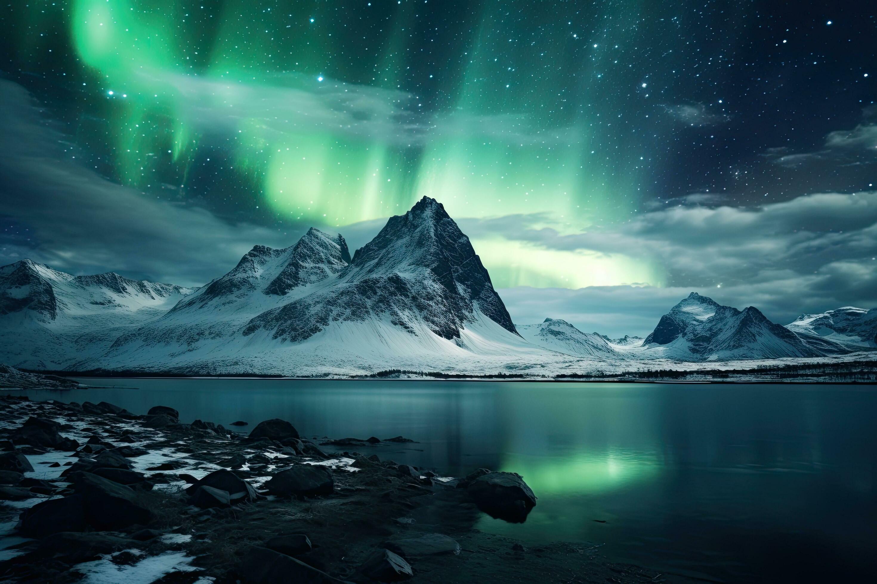 AI generated Aurora borealis over snowy mountain range in