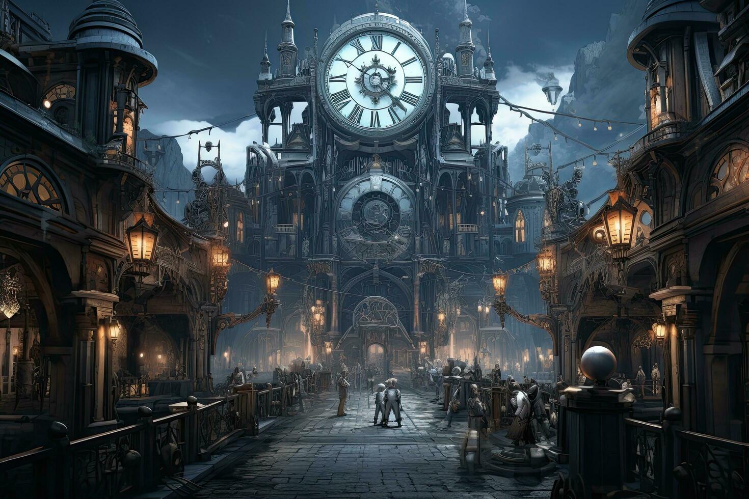 AI generated Mystical halloween scene with giant clock at night. 3D rendering, AI Generated photo