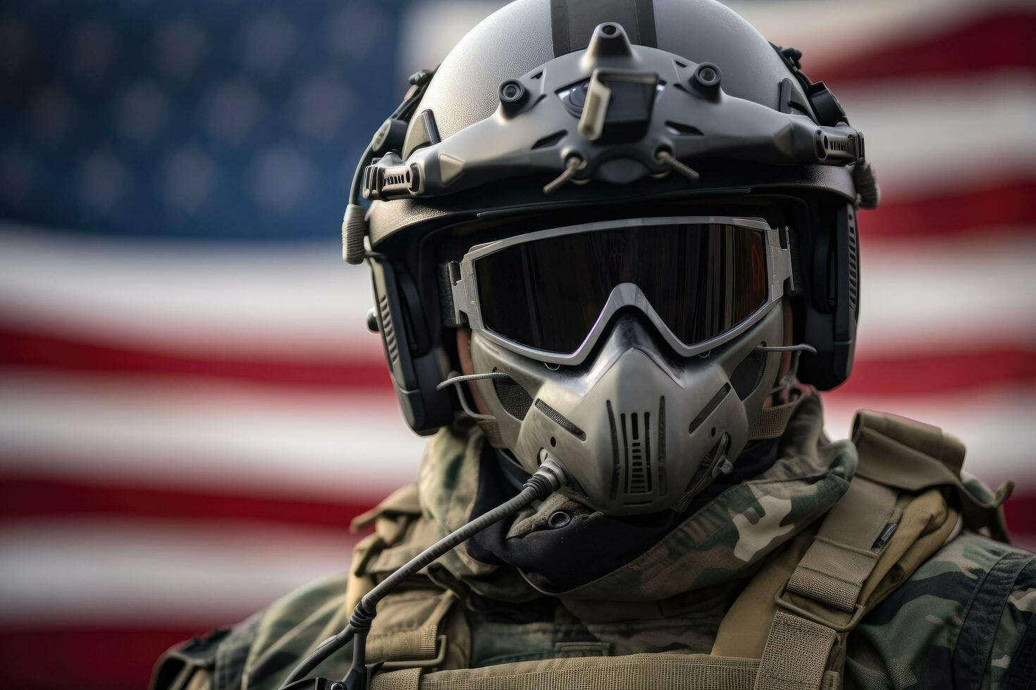 ai generado americano soldado en casco con americano bandera en fondo, de cerca, ai generado foto