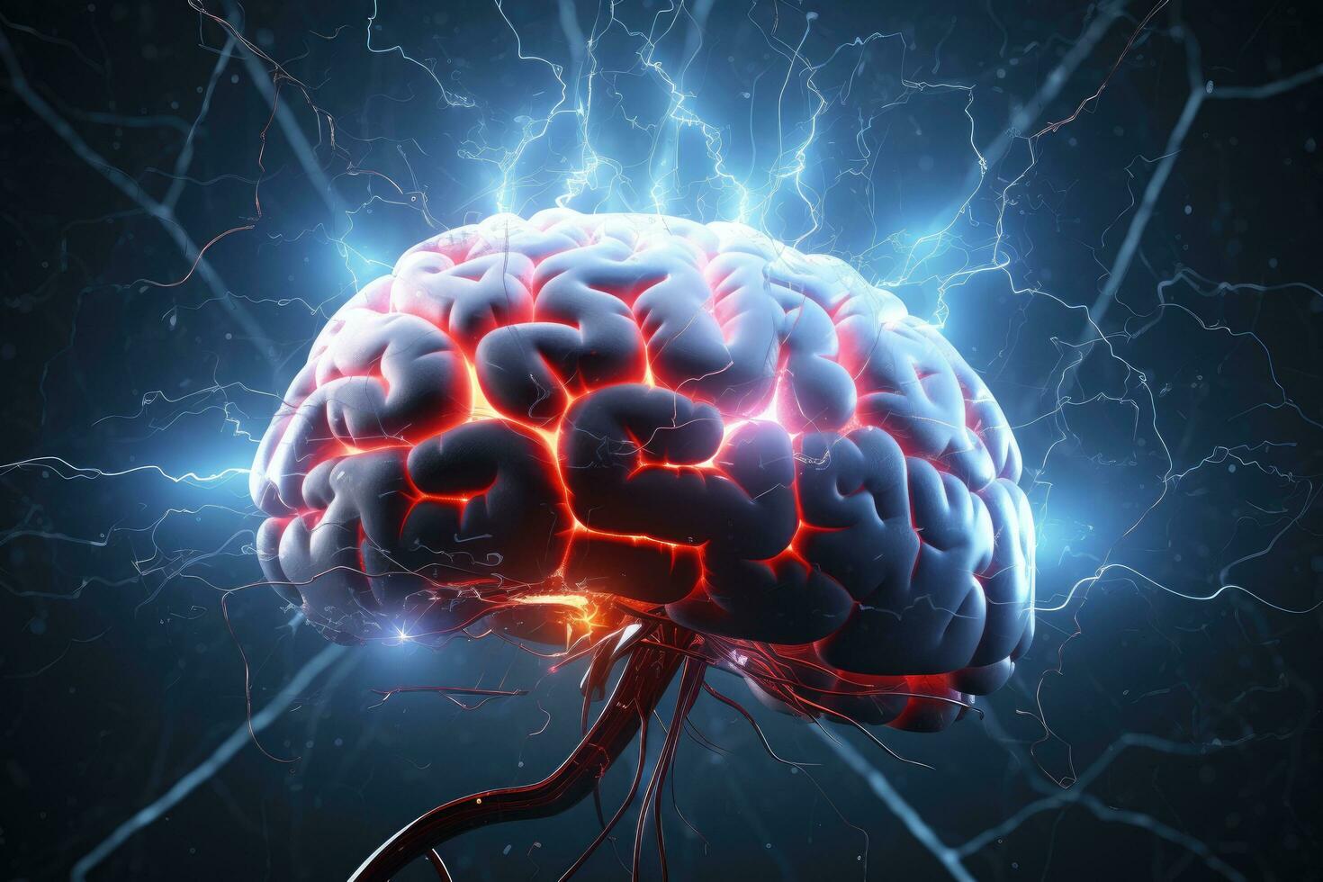 AI generated Human brain on a dark background. 3D illustration. 3D rendering, Brainstorming concept illustrated with a human brain and lightning, 3D illustration, AI Generated photo