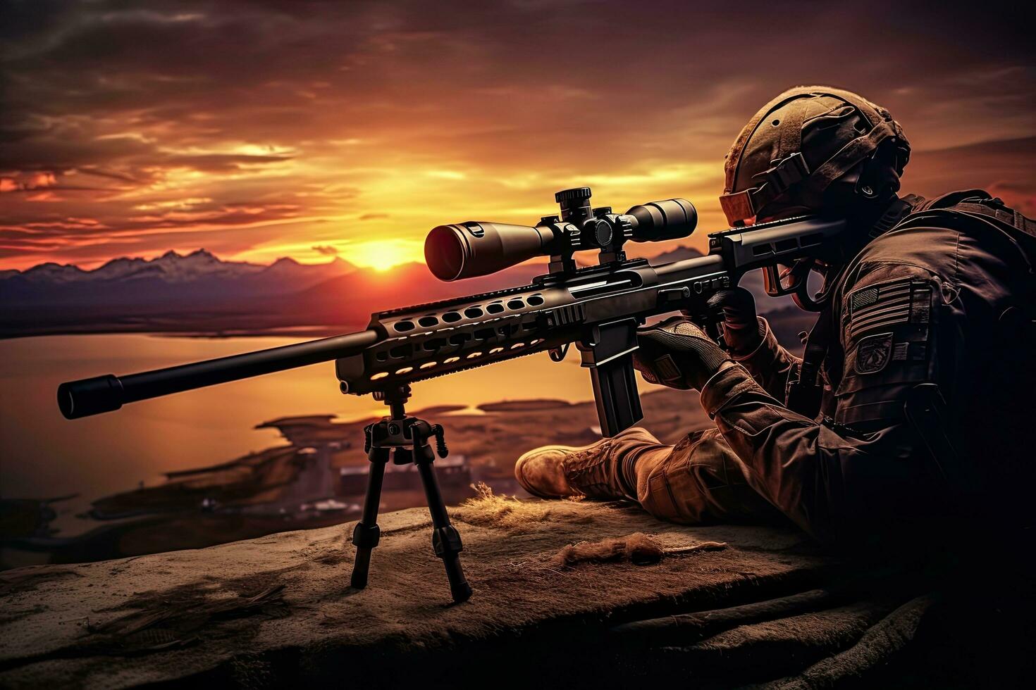 AI generated Soldier with a sniper rifle on the background of the setting sun, AI Generated photo