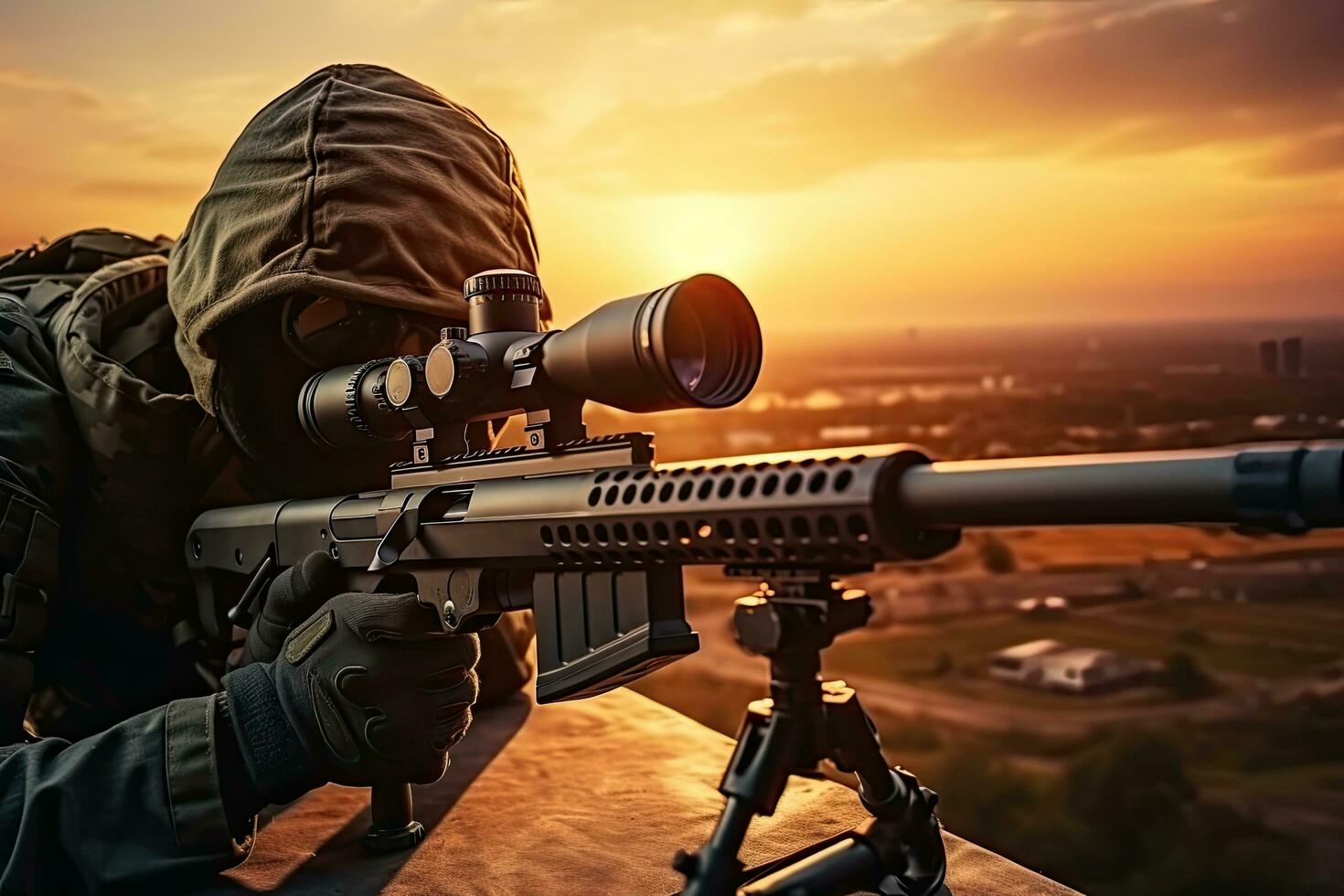 AI generated Sniper rifle on the background of the city. 3d render, AI Generated photo