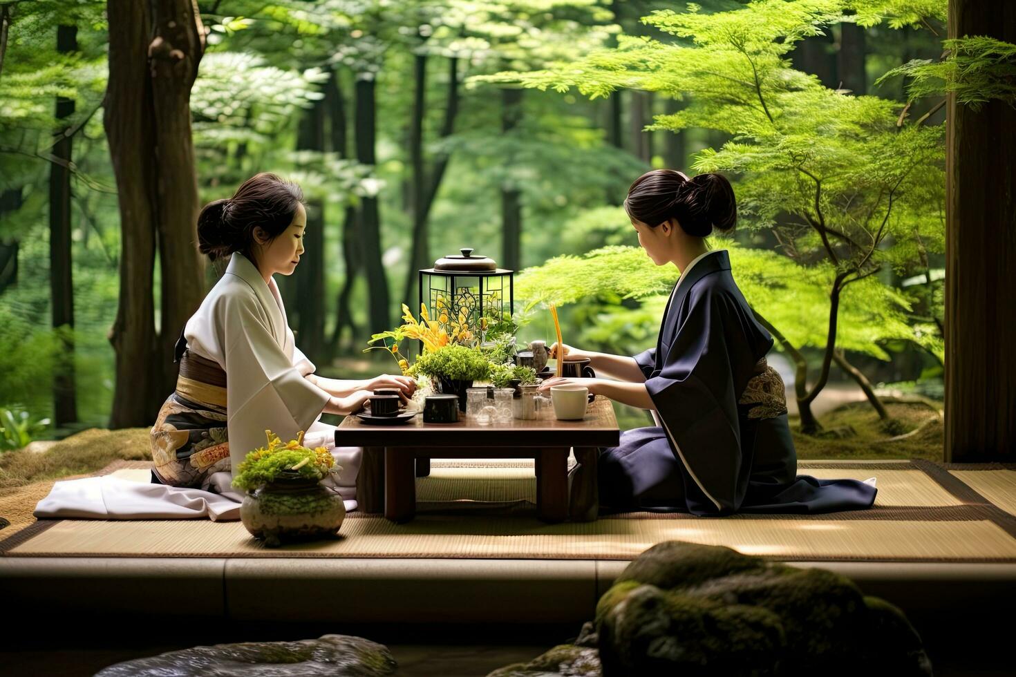 ai generado dos japonés mujer en kimono practicando té ceremonia en el jardín, ai generado foto