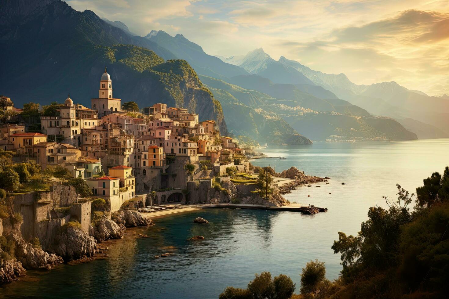 AI generated View of the old town of Budva, Montenegro at sunset, AI Generated photo