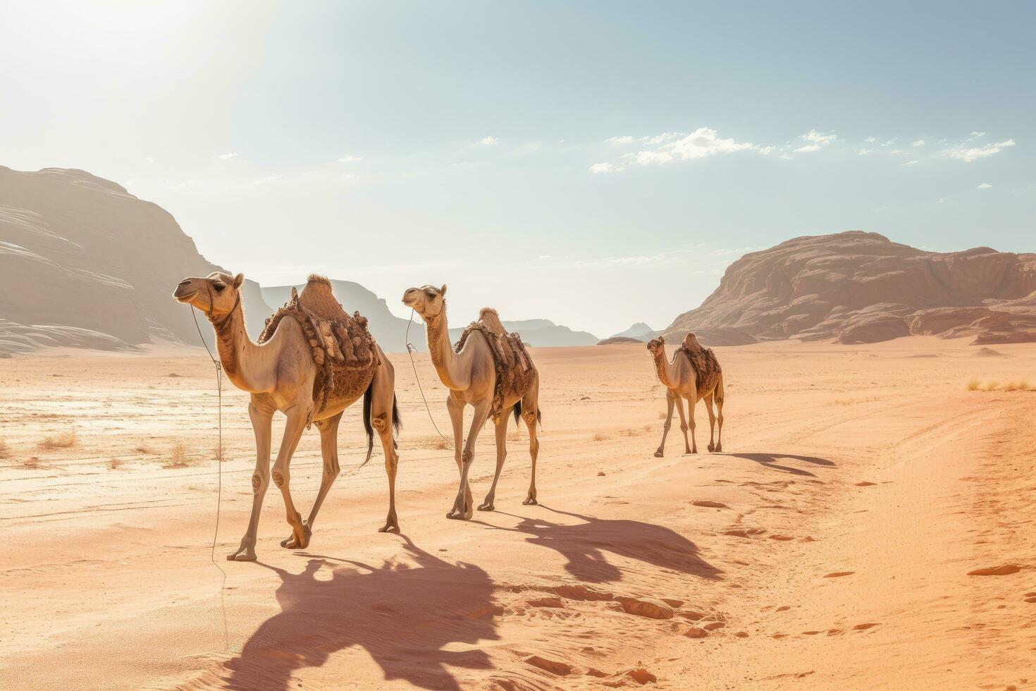 AI generated Camels in Wadi Rum desert, Jordan. Tourist attraction, Camels in Wadi Rum desert, Jordan, photographed on a summer day, AI Generated photo