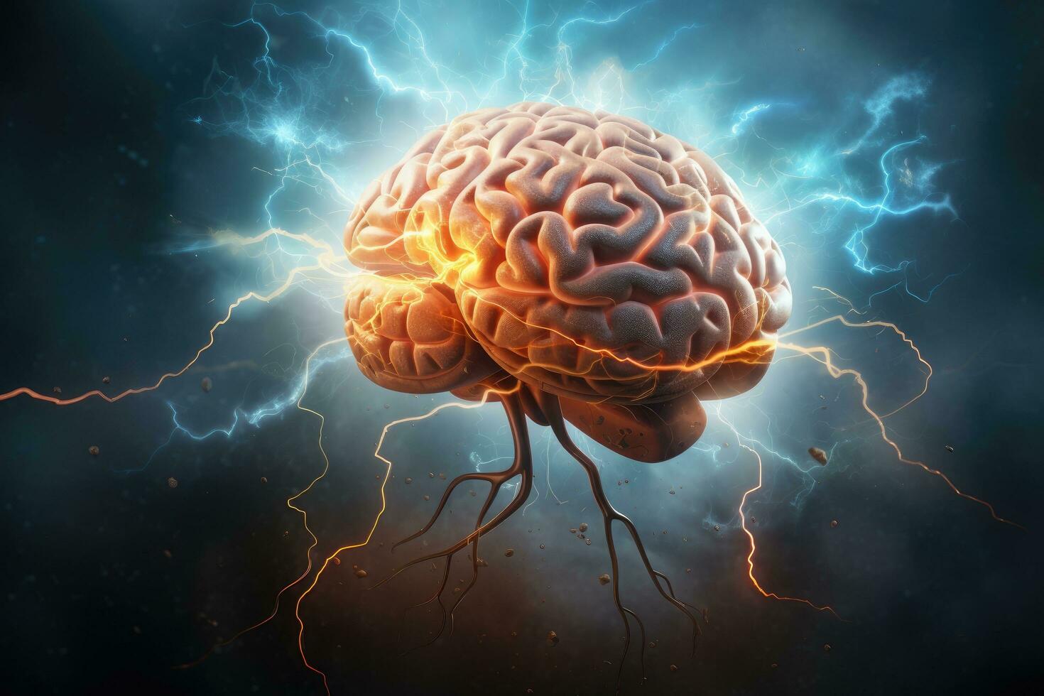 AI generated Brainstorming concept. 3D rendering of human brain and lightning, Brainstorming concept illustrated with a 3D rendering of a human brain accompanied by lightning, AI Generated photo