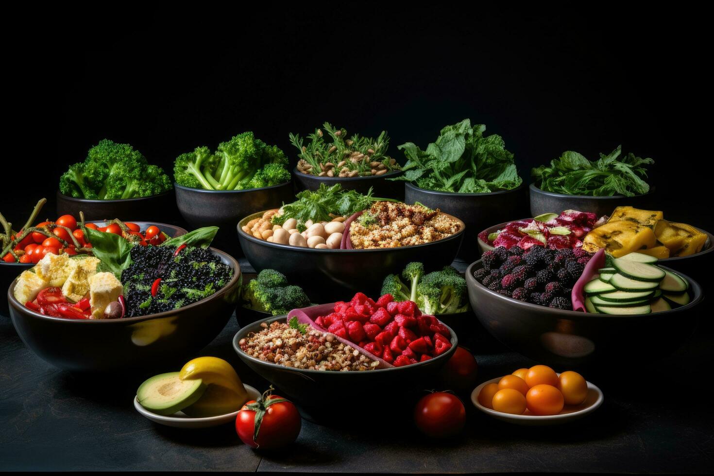 ai generado sano comida selección en negro bochas terminado negro antecedentes. parte superior vista, bochas de sano comida arreglado en un negro fondo, enfatizando un sano comiendo concepto, ai generado foto