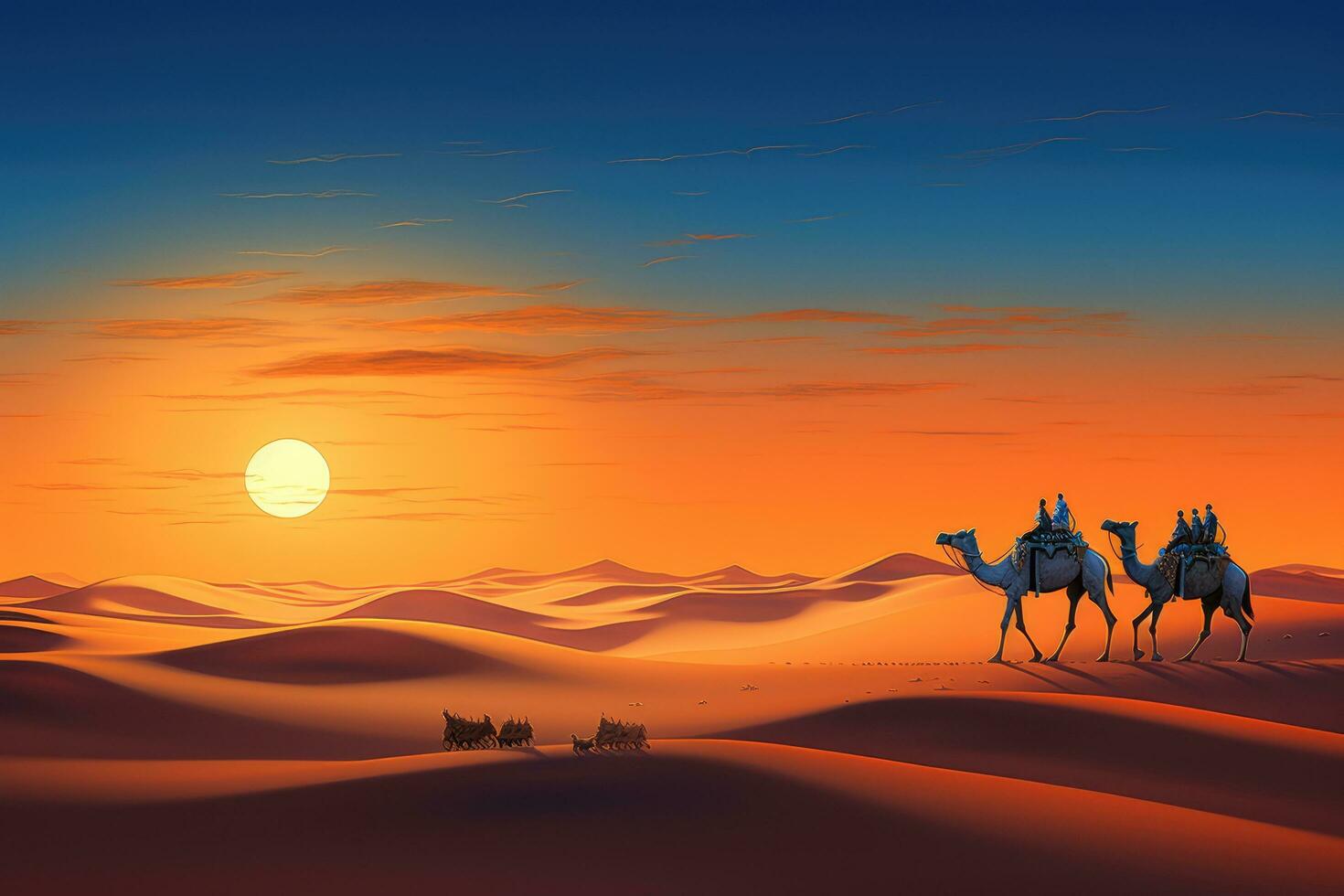 AI generated Camel caravan in the desert at sunset. 3D rendering, Camelcade on sand dune at desert, AI Generated photo