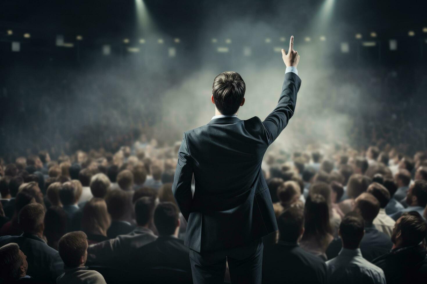 AI generated Rear view of unrecognizable businessman giving speech at business conference hall, businessman standing hand rise asking question in midddel of seminar convention hall, AI Generated photo