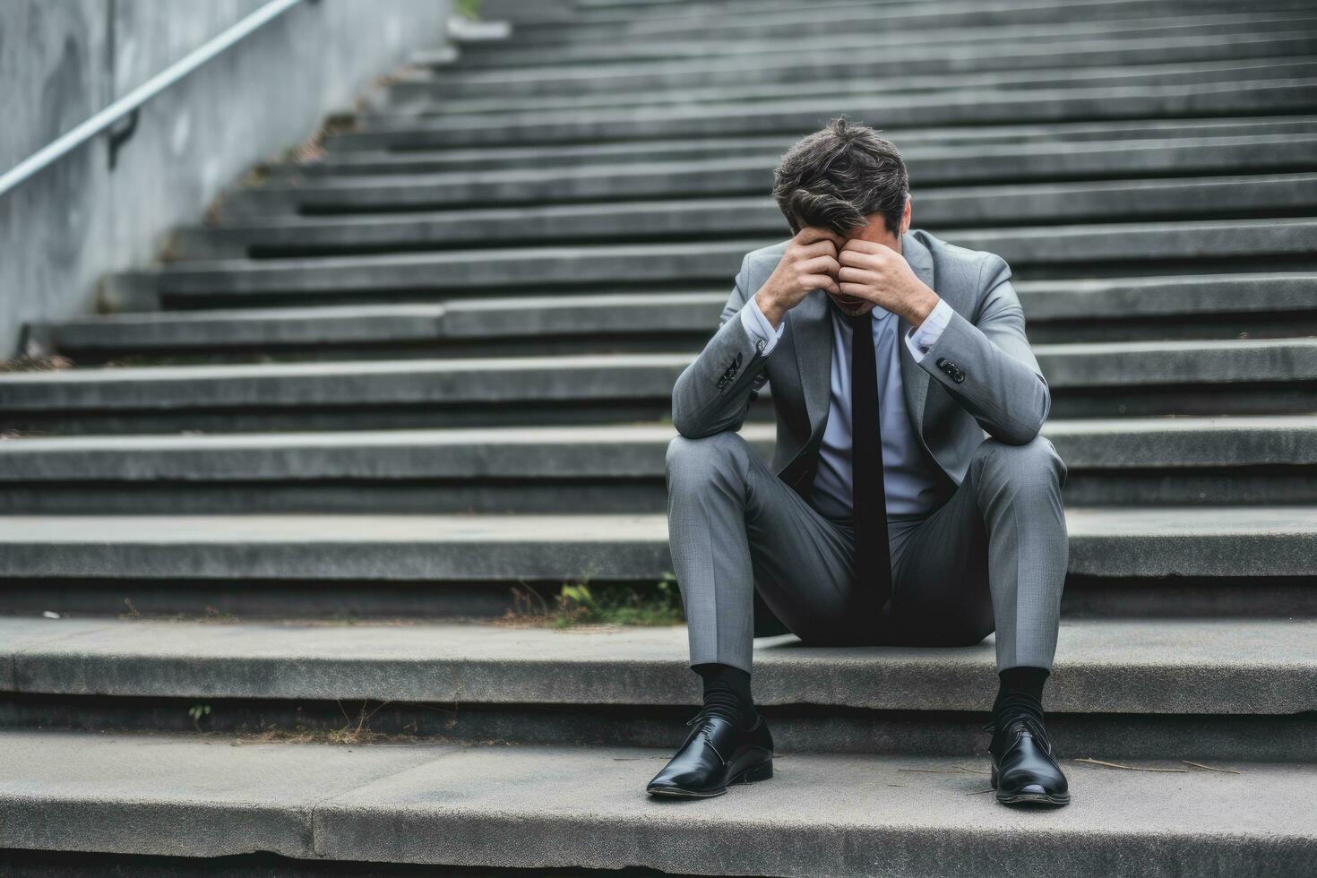 AI generated Portrait of a young businessman sitting on stairs in an urban environment, Businessman in depression sitting on ground street concrete stairs, AI Generated photo
