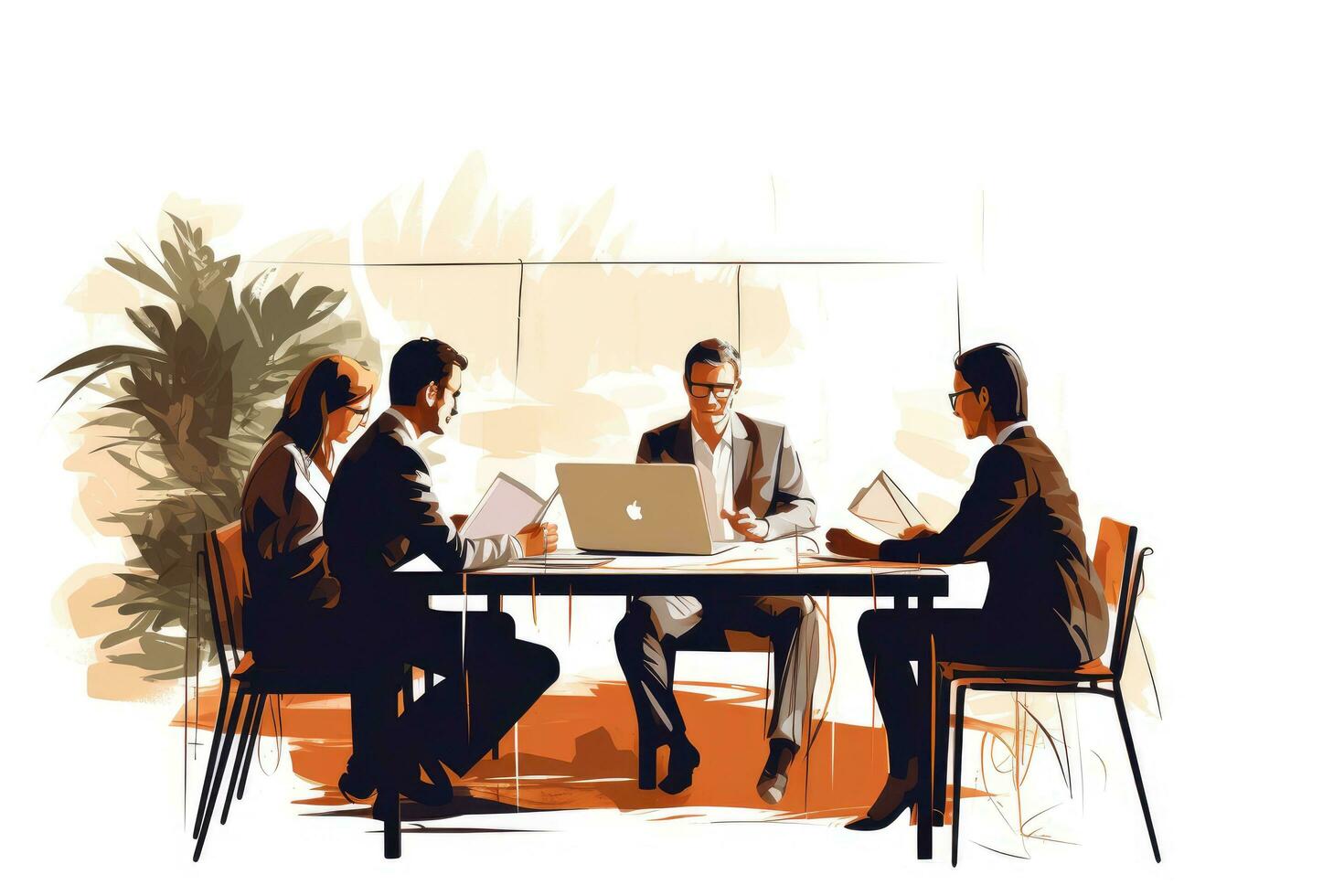 AI generated Group of business people working in a coffee shop. Vector illustration, Business people laptop and meeting in planning, AI Generated photo