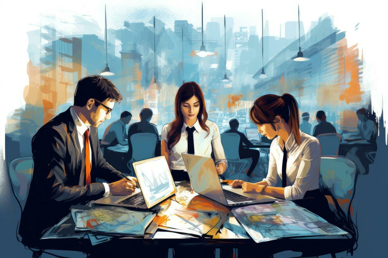 AI generated Group of business people working together in cafe. Digital painting illustration, Business people laptop and meeting in planning, AI Generated photo