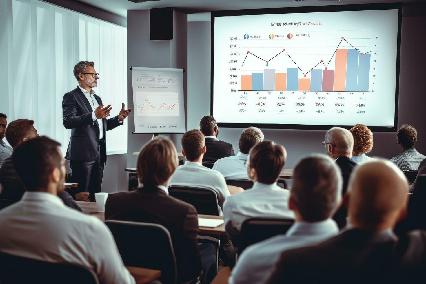 AI generated Business meeting vector illustration. Businessman giving presentation to colleagues. Presentation in conference room with graphs and diagrams on whiteboard, AI Generated photo