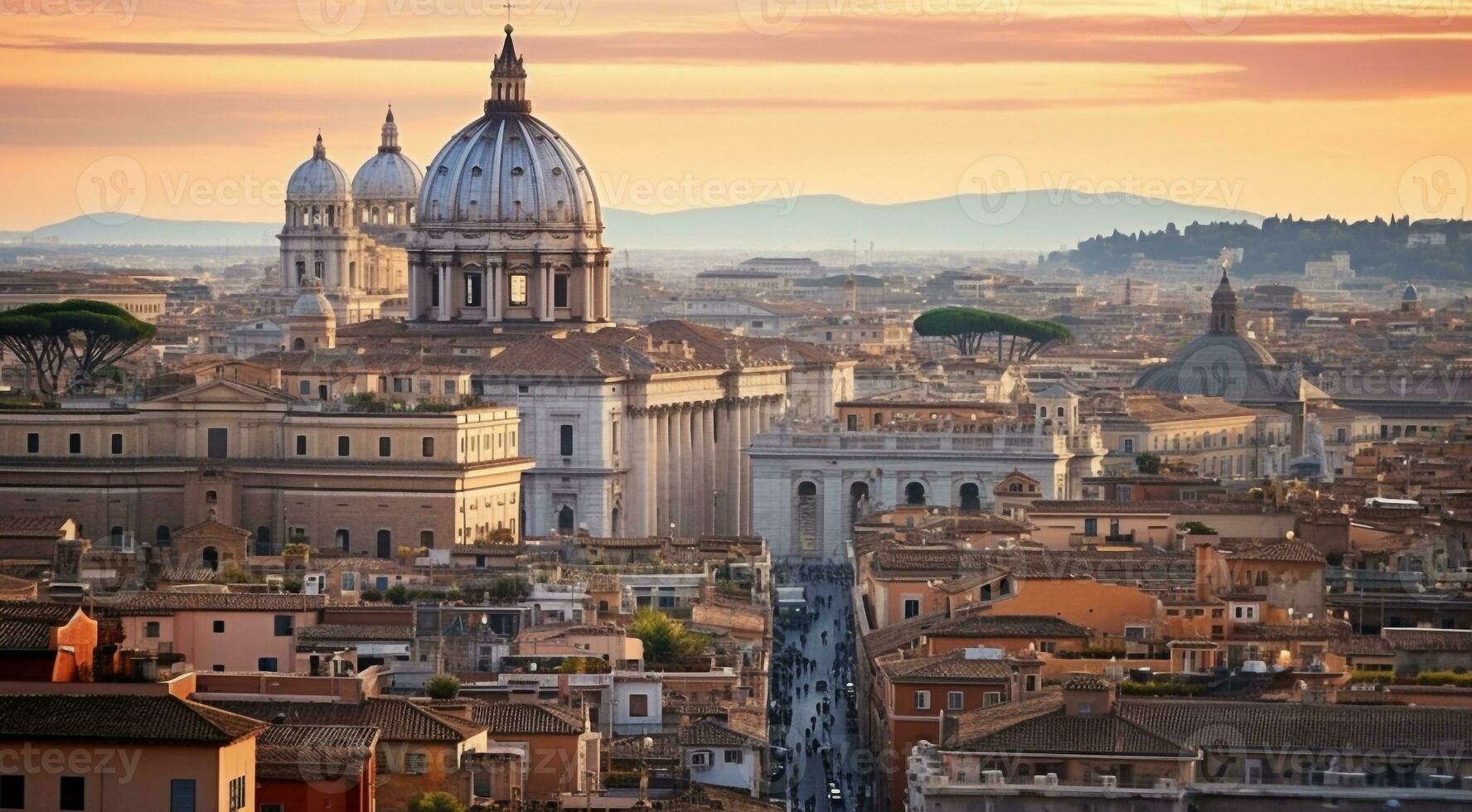 ai generado panorámico ver de Roma, panorámico ver de grotesco ciudad Roma, parte superior ver de el ciudad foto