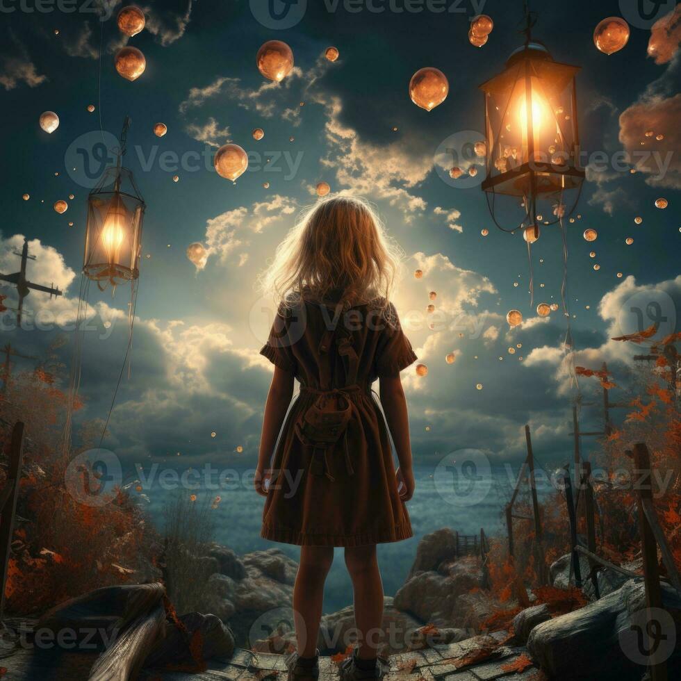 AI generated A photo of little girl looking sky with lanterns Generative AI