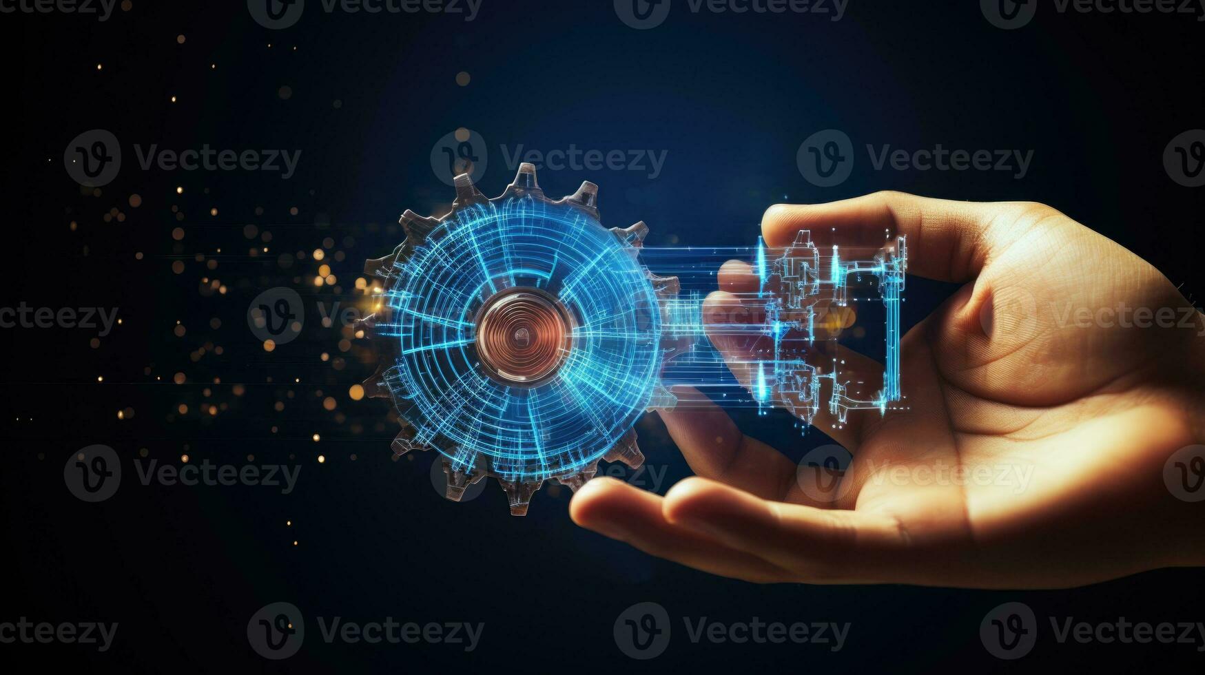 AI generated A image of Abstract giving hand with cogwheels. Artificial intelligence and machine learning concept. Modern 3d graphic geometric background generative AI photo