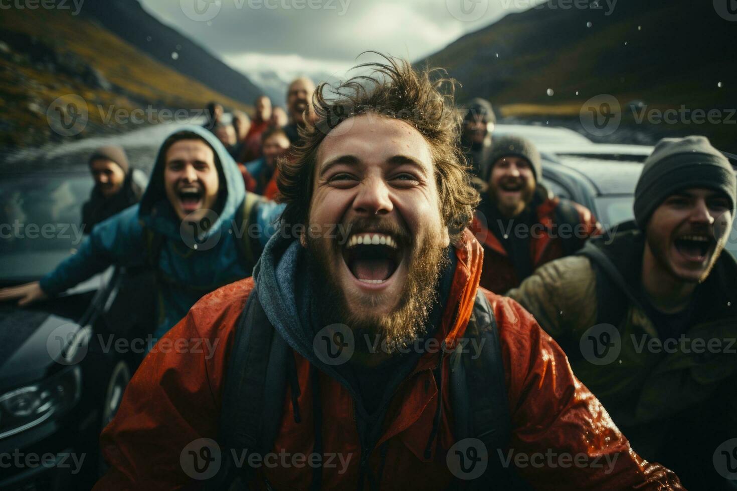AI generated Realistic Image of Friends Smiling on Sunset Road Trip with New and Modern Car Generative AI photo