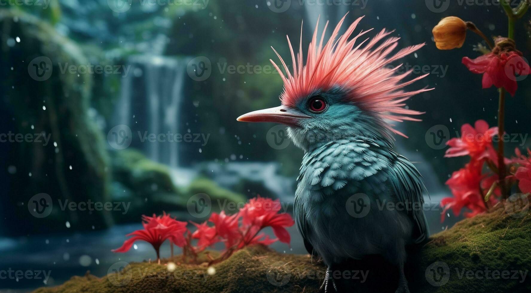 AI generated close-up of atropical wild bird in the forest, tropical wild bird, wild bird in the forest, bird sitting on the tree photo