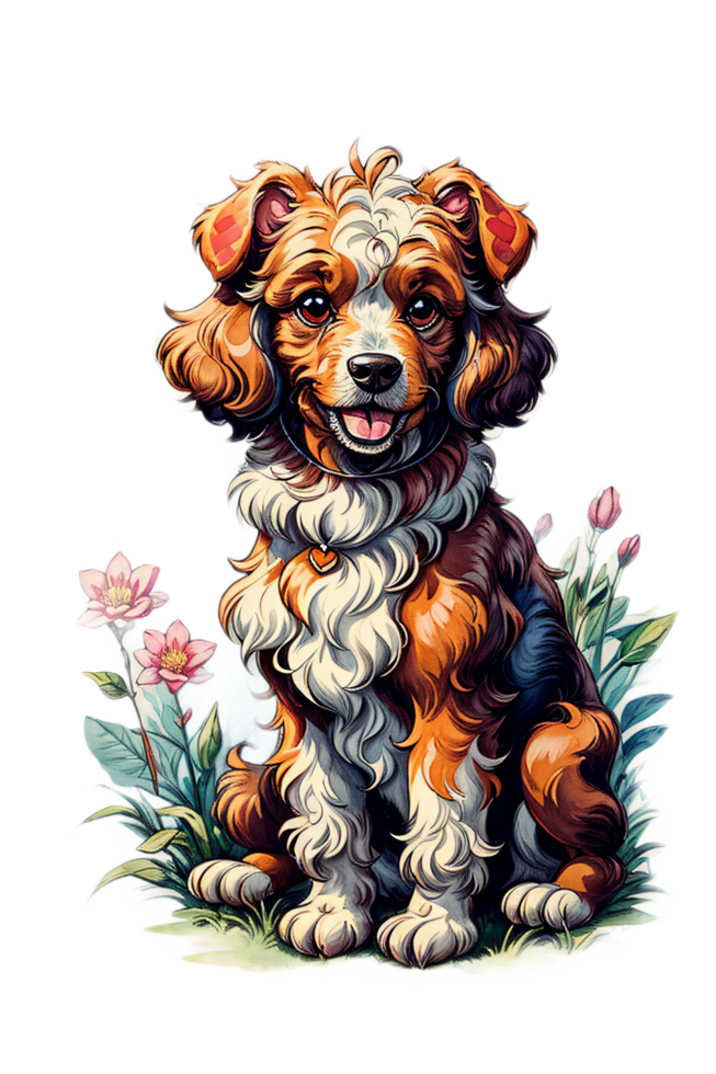 AI generated Fluffy Puddle Dog with Botanical Illustration Image png