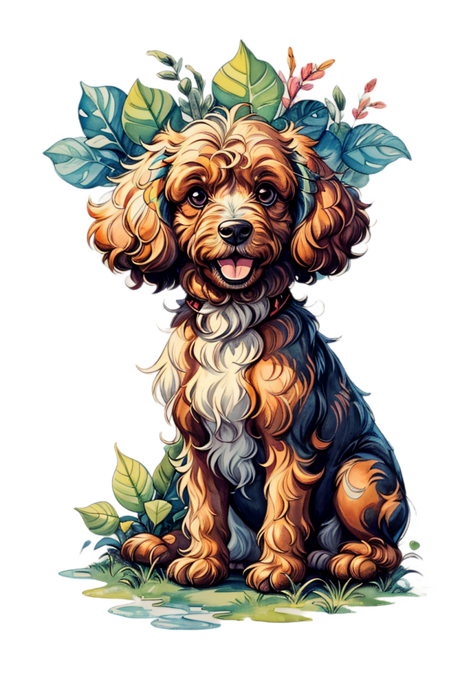 AI generated Fluffy Puddle Dog in Watercolor Art png