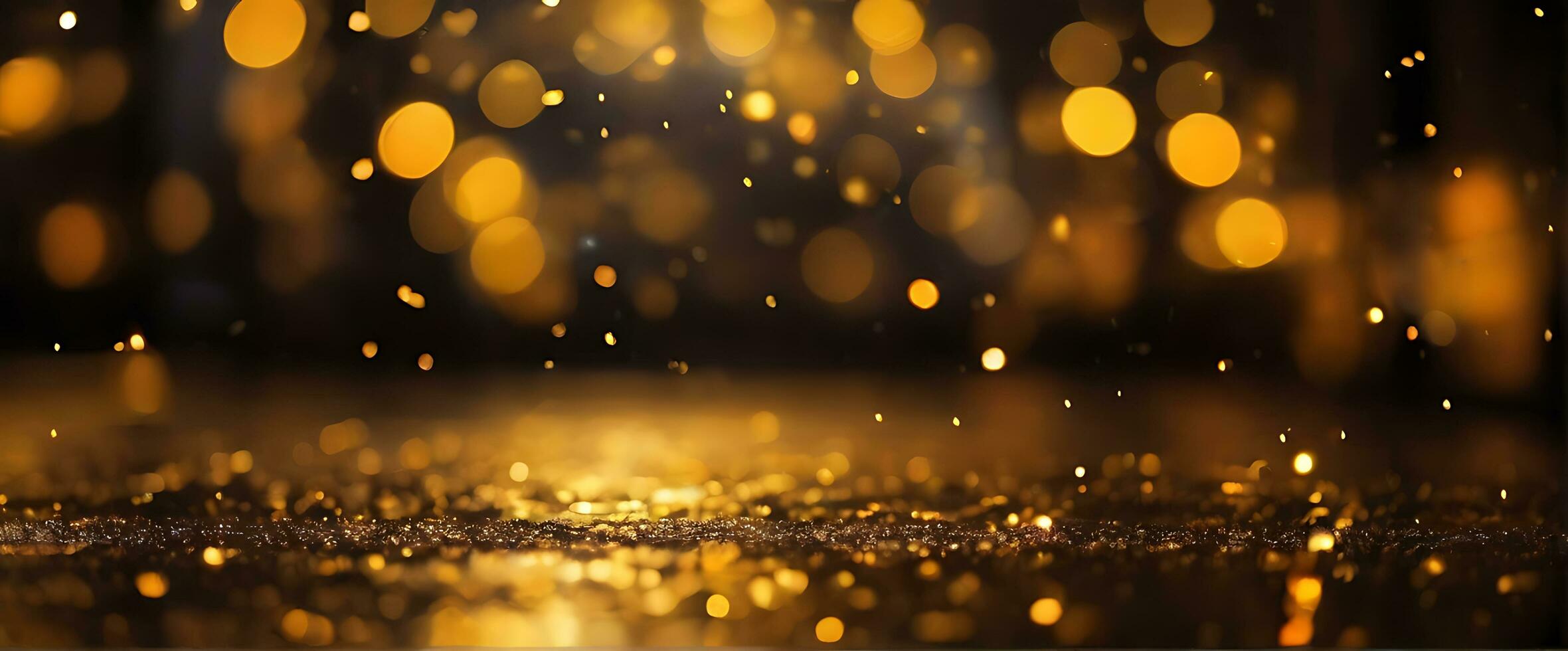 AI generated Golden bokeh, raining light, blurry lights, night lights, city lights, round bokeh, blurry background, gold confettis on a black background, yellow and orange,  circle bokeh photo