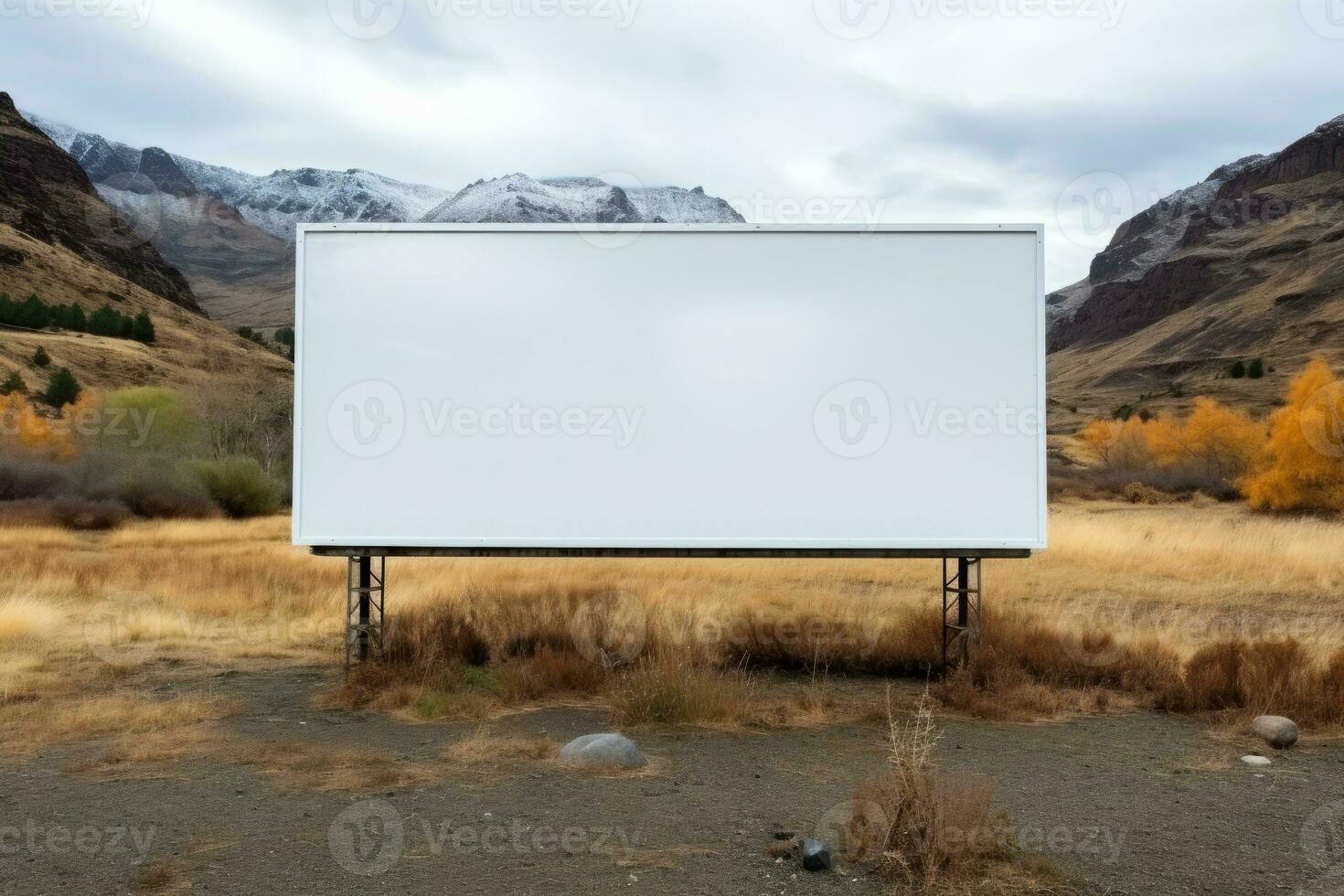 AI generated Big billboard with empty white screen standing in the valley photo