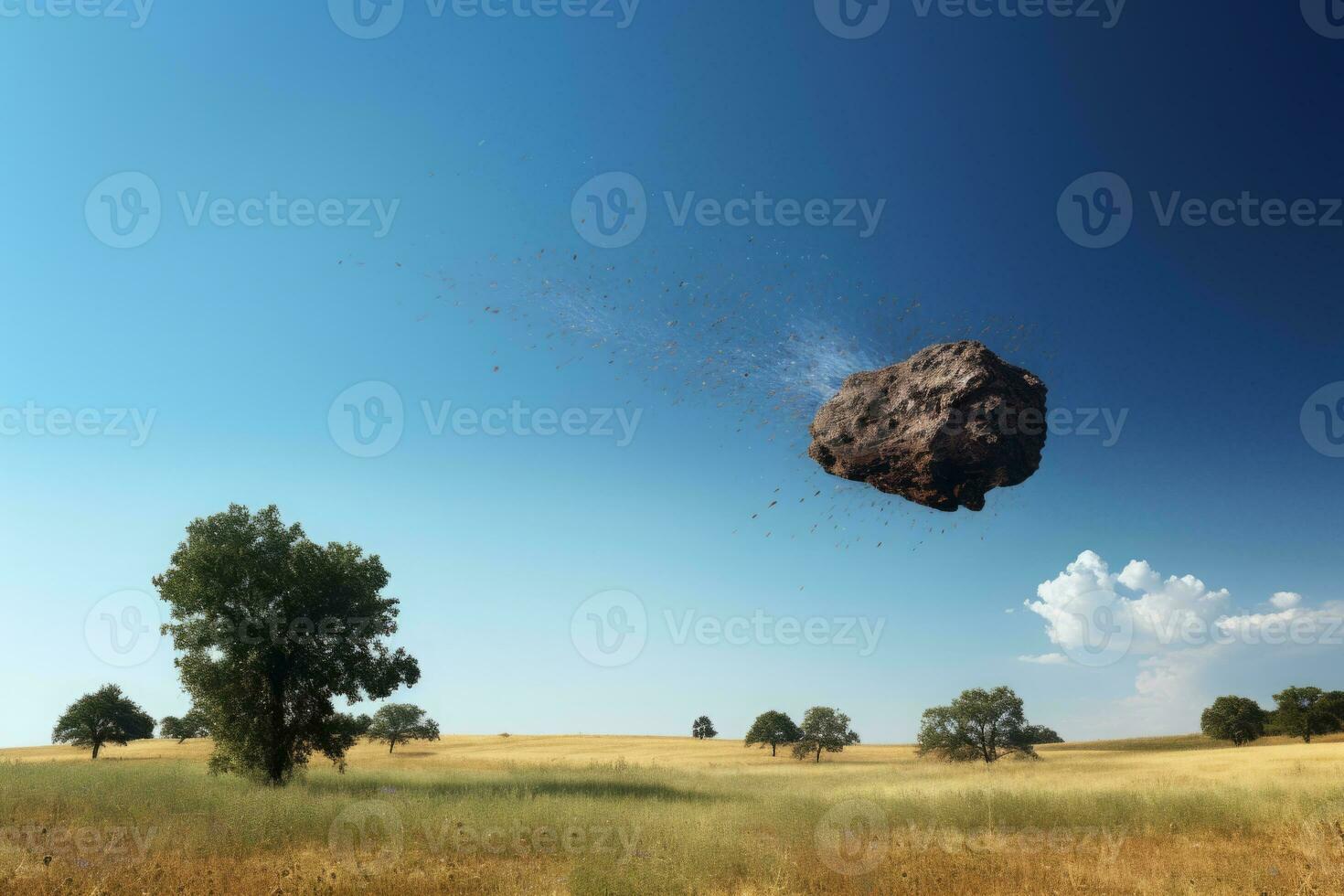 AI generated Falling meteorite over meadow with green grass photo