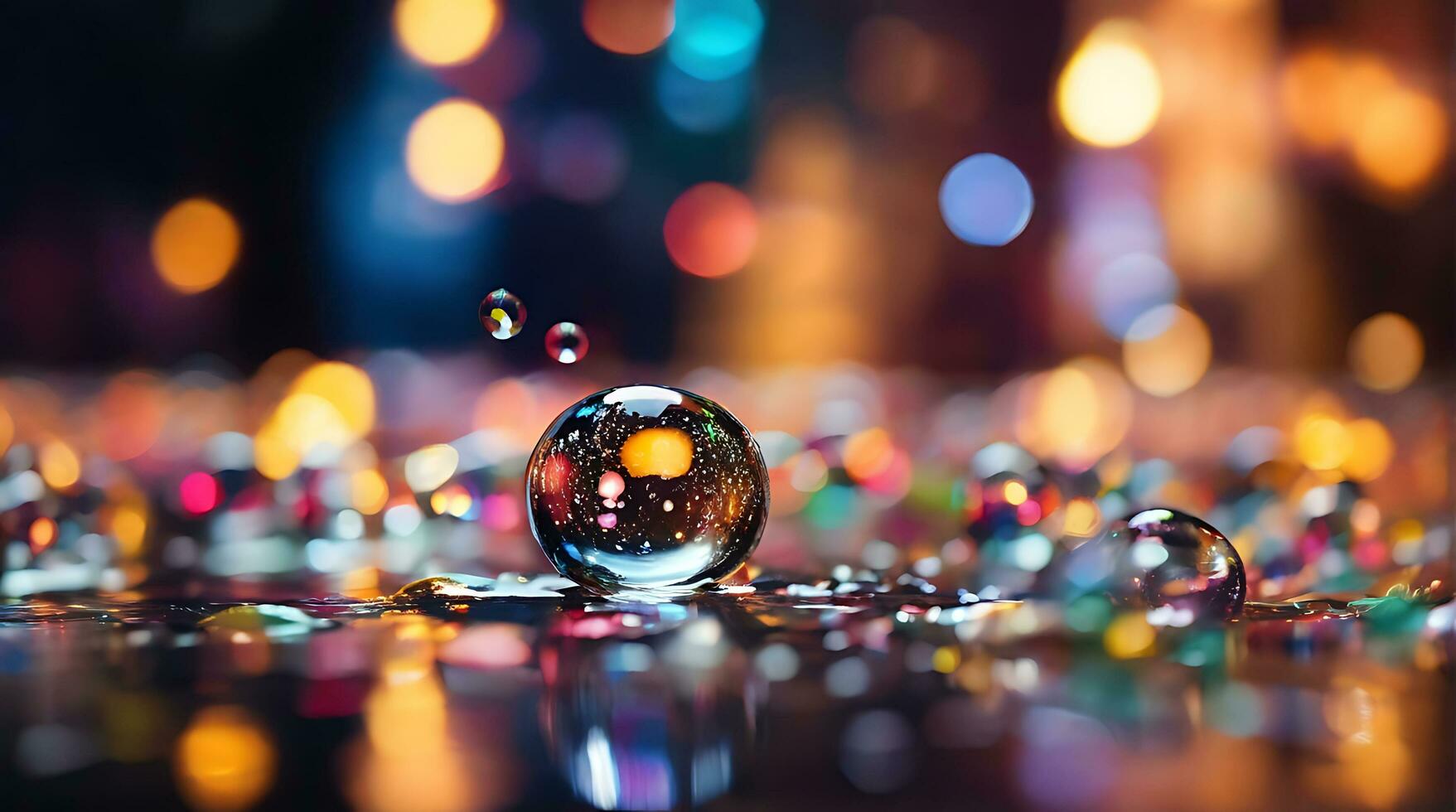 AI generated Blurry confetti, water bubbles, raining, blurry, night, city lights, blurry background, bokeh lights, depth of field, abstract background, multicolor, rainbow, city christmas light, photo