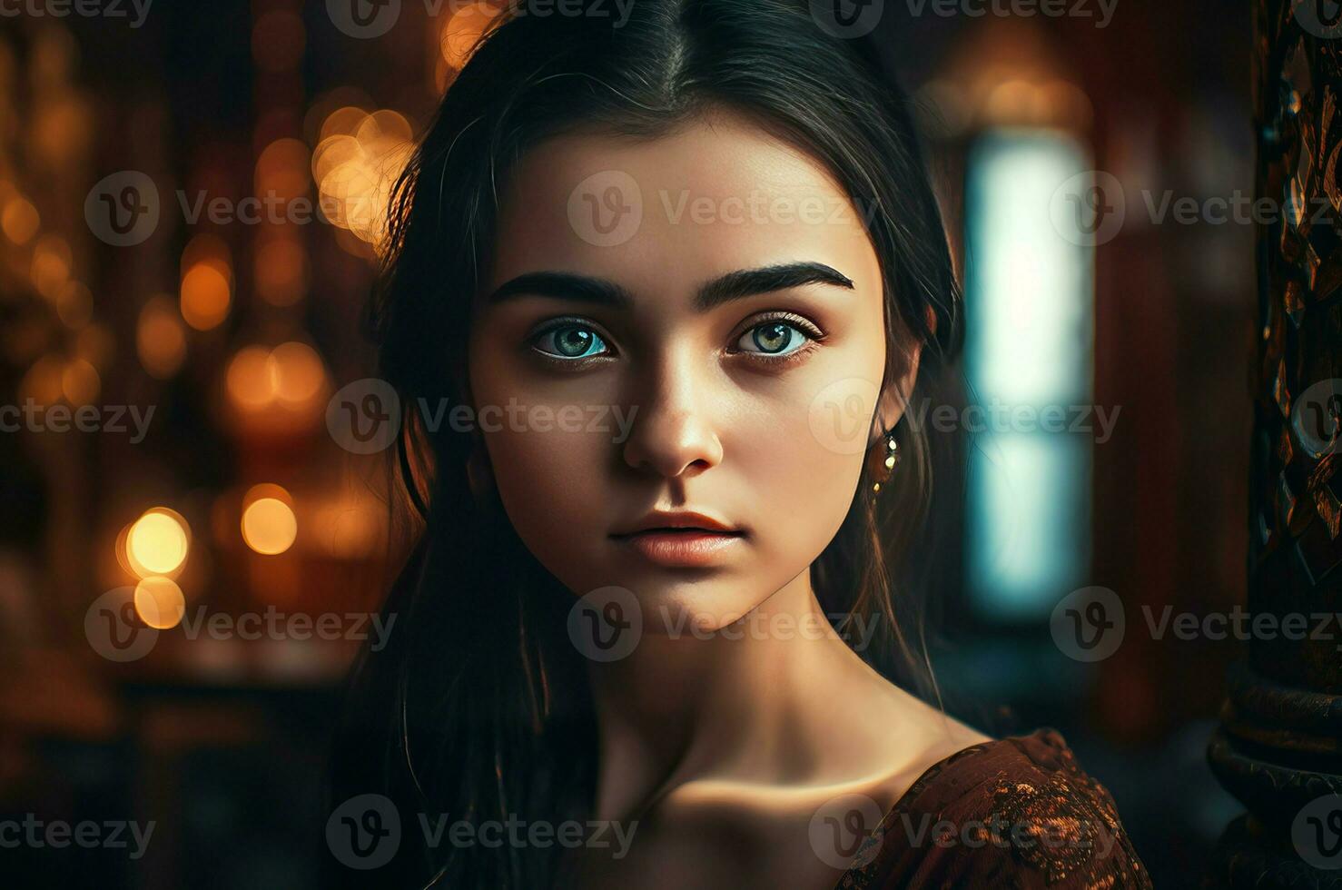 Lady with grey eyes and black hair portrait. Generate ai photo